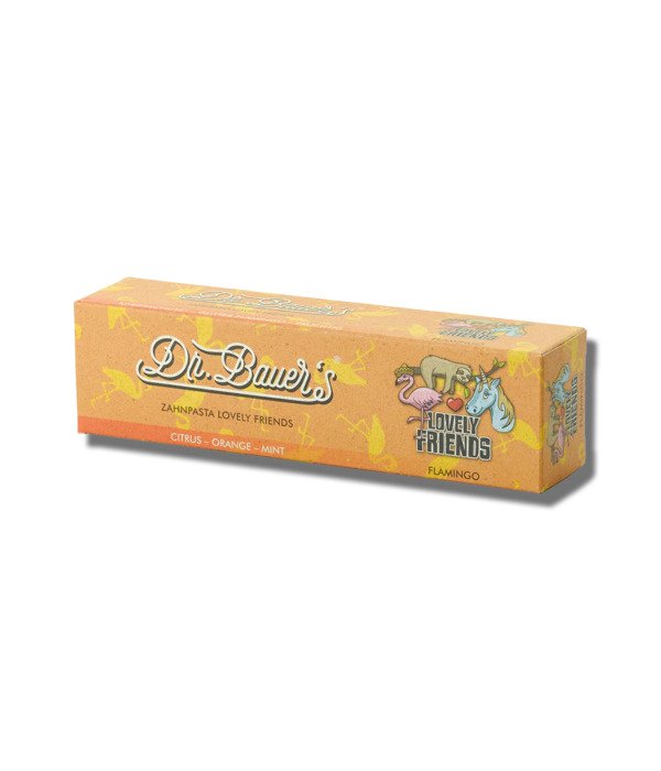 Dr.Bauer’s vaikiška dantų pasta apelsinų ir mėtų skonio Flamingo, 90 ml.