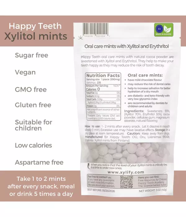 „Happy Teeth“ xylify burnos priežiūros ksilitolio pastilės 3