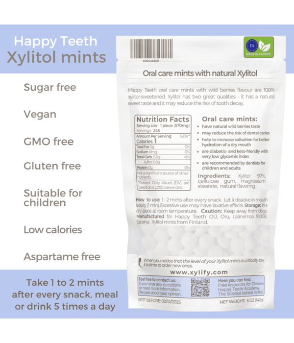 „Happy Teeth“ xylify burnos priežiūros ksilitolio pastilės 1
