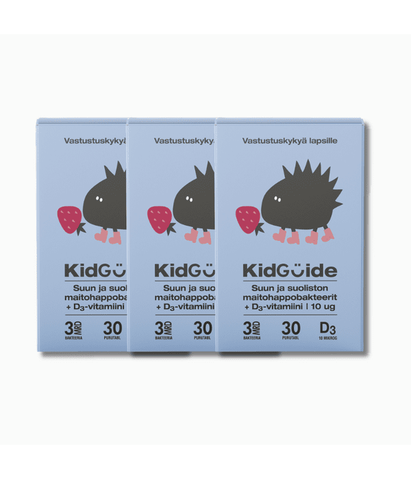 KidsGuide probiotikai(čiulpiamosios tabletės) vaikams su vitaminu D3, braškių skonio, kursas (3 vnt.)