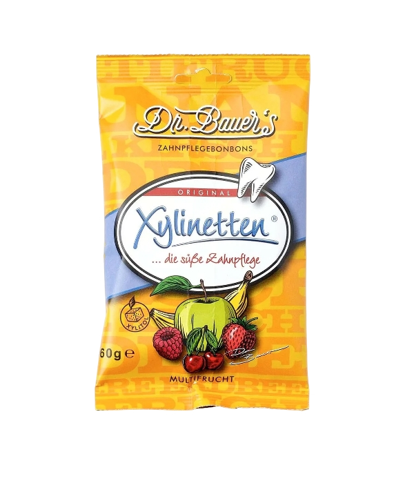 TRUMPESNIS GALIOJIMAS: Dr. Bauer‘s burnos pastilės su ksilitoliu – Xylinetten, 60 g. (30 vnt.), įvairių vaisių