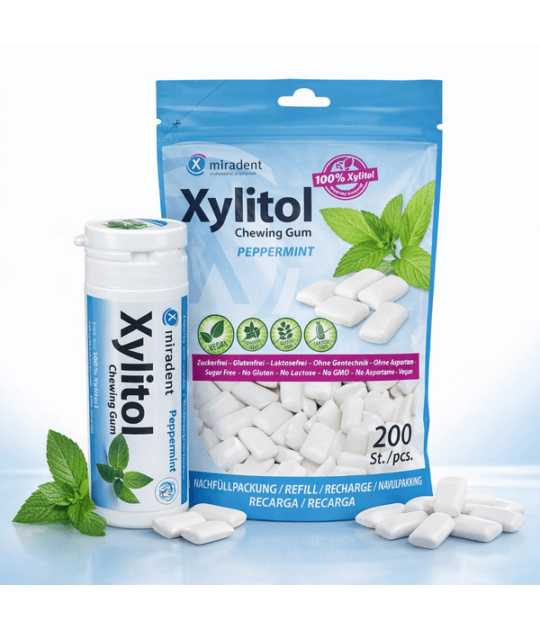 Miradent ksilitolio guma: kasdienė pakuotė + papildymas 1