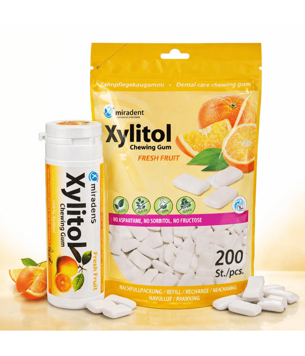 Miradent ksilitolio guma: kasdienė pakuotė + papildymas