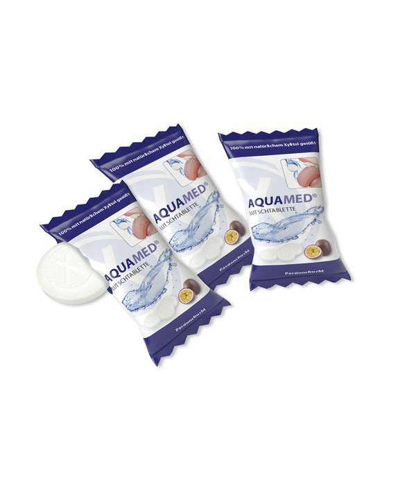 Pasiflorų skonio AquaMed pastilės sausai burnai su ksilitoliu, 100 vnt.